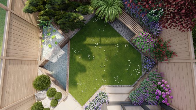 Widok z góry na mały , geometryczny ogród z oczkiem wodnym i mini-kaskadą.